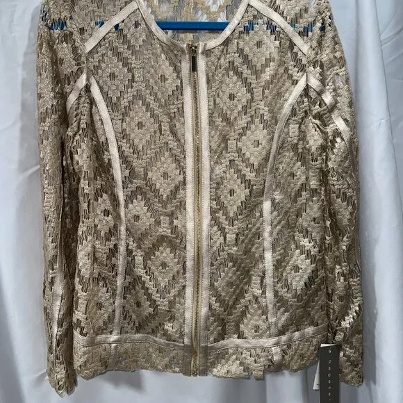 NWT Bagatelle Woman's Golden Metalli Lace Cut Out Zip Up Jacket 100% Poly - Picture 2 of 14